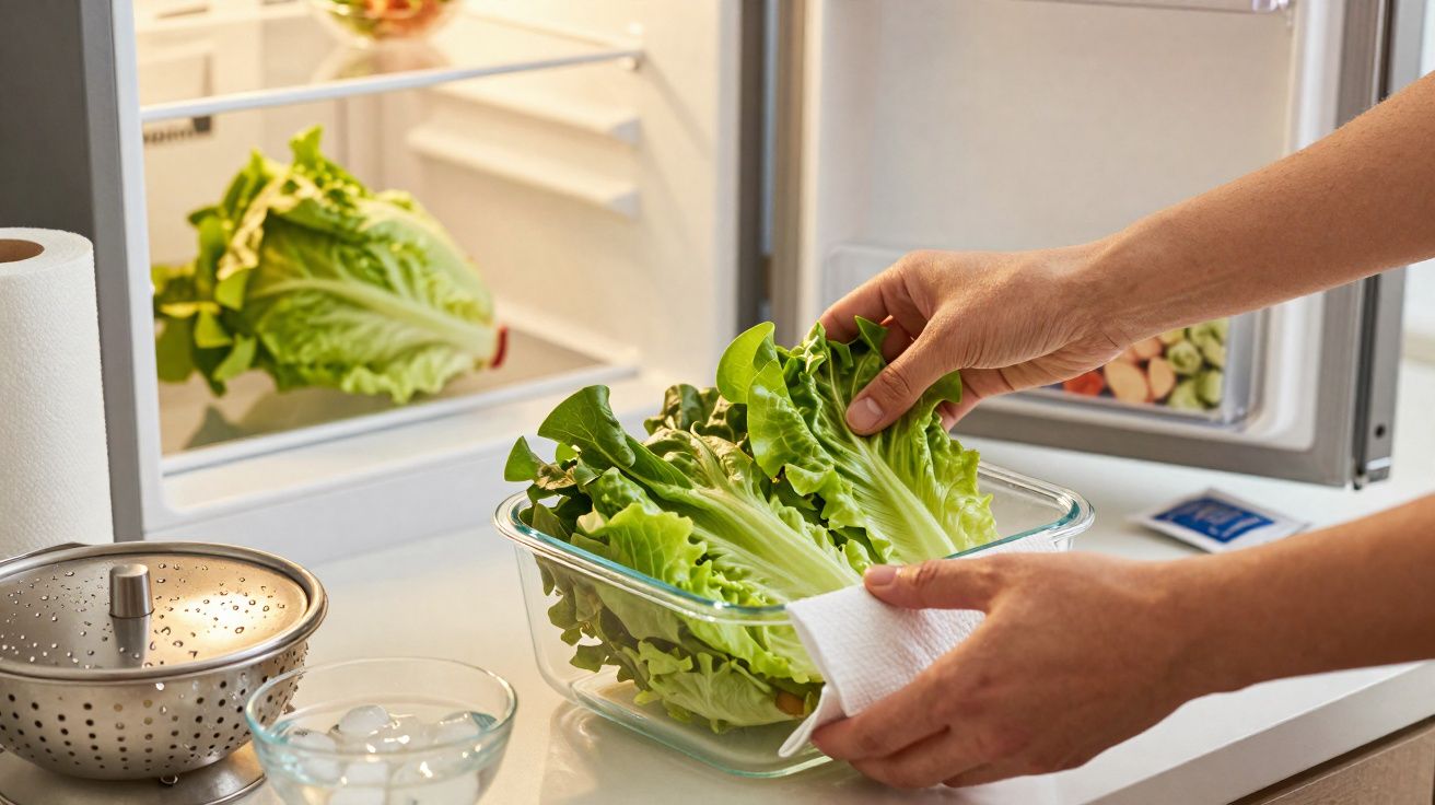 Mãos a retirar alface da geladeira e a colocá-la numa caixa de vidro numa cozinha iluminada.