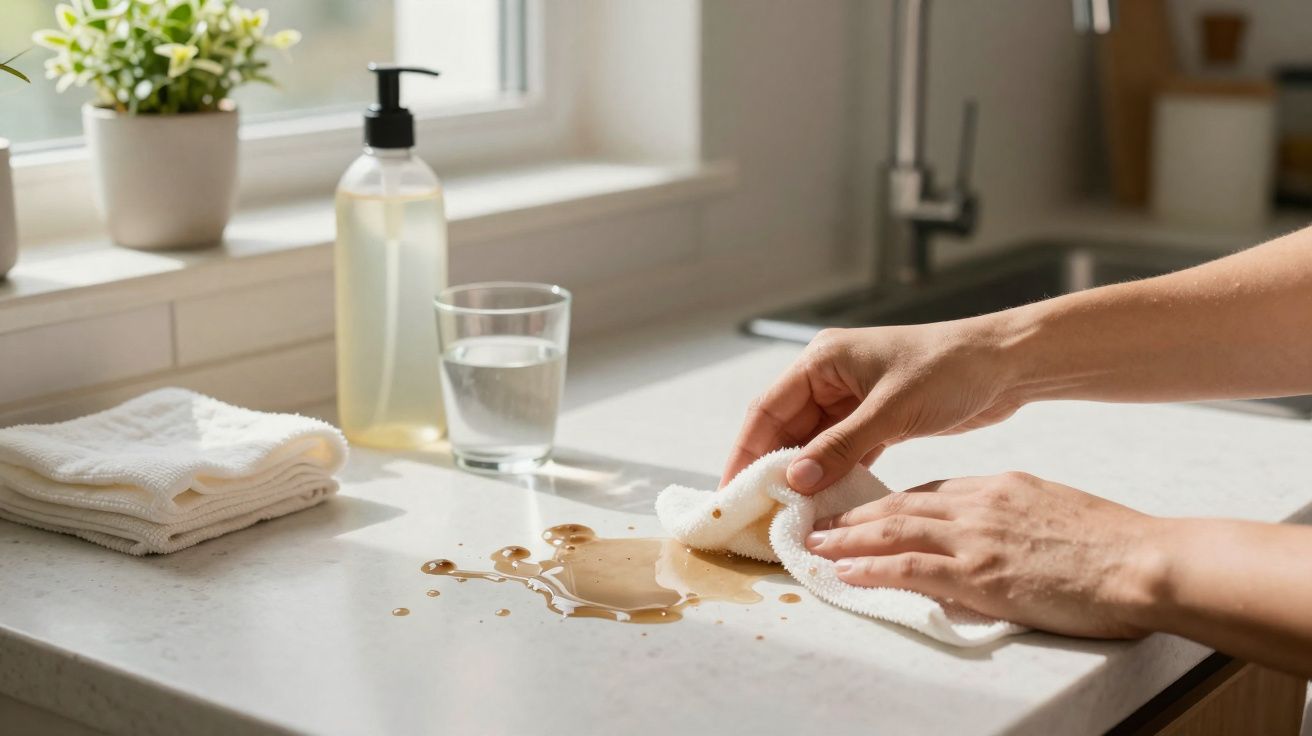Mãos a limpar um líquido derramado numa bancada de cozinha com um pano branco, próximo a um dispensador e copo de água.