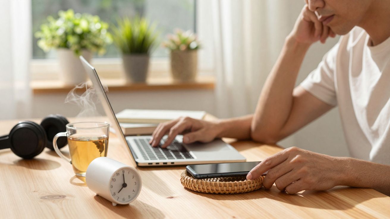 Pessoa a trabalhar num portátil com um chá quente, relógio e telefone sobre uma mesa de madeira clara.