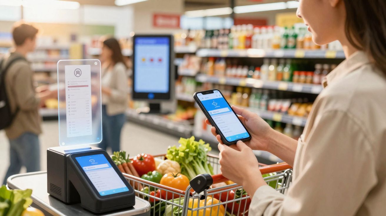 Mulher a pagar compras com telemóvel em supermercado moderno, carrinho cheio de legumes frescos.