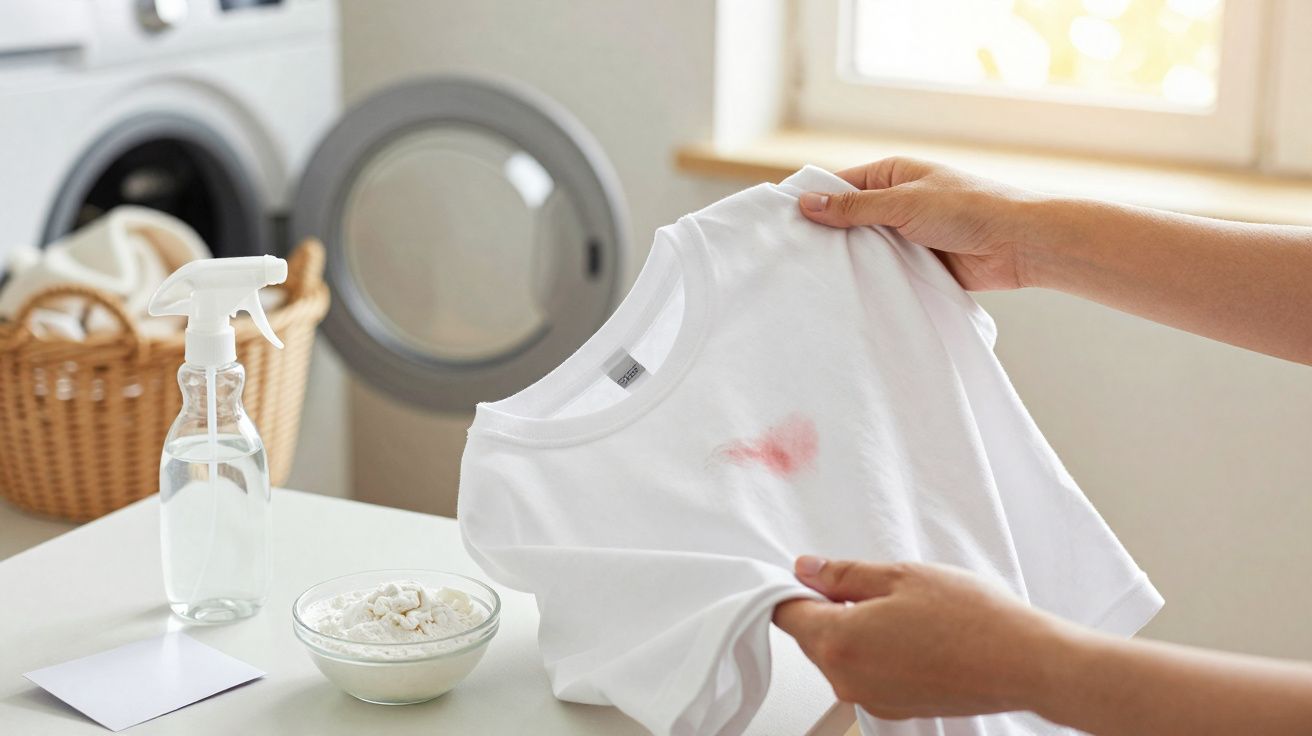 Pessoa a segurar uma t-shirt branca com nódoa rosa, próximo de um pulverizador e um recipiente com pó branco.