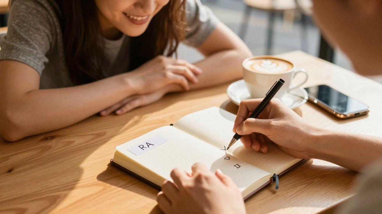 Pessoa escreve num caderno com etiqueta RA enquanto outra observa sorrindo numa mesa com café e telemóvel.