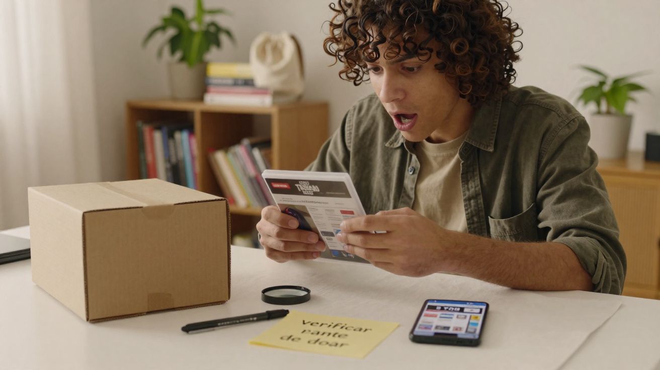 Homem surpreso a ler instruções de produto numa mesa com caixa, telemóvel e nota "verificar antes de doar".