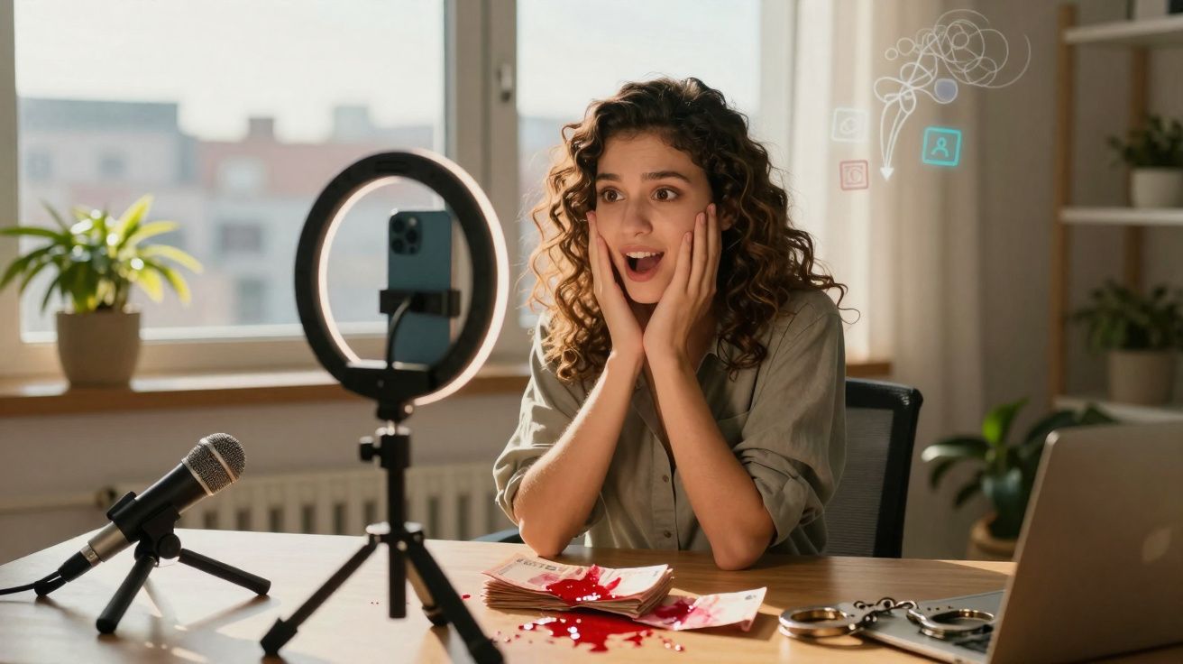 Mulher com expressão espantada grava vídeo para telemóvel sobre secretária com sangue, algemas e microfone.
