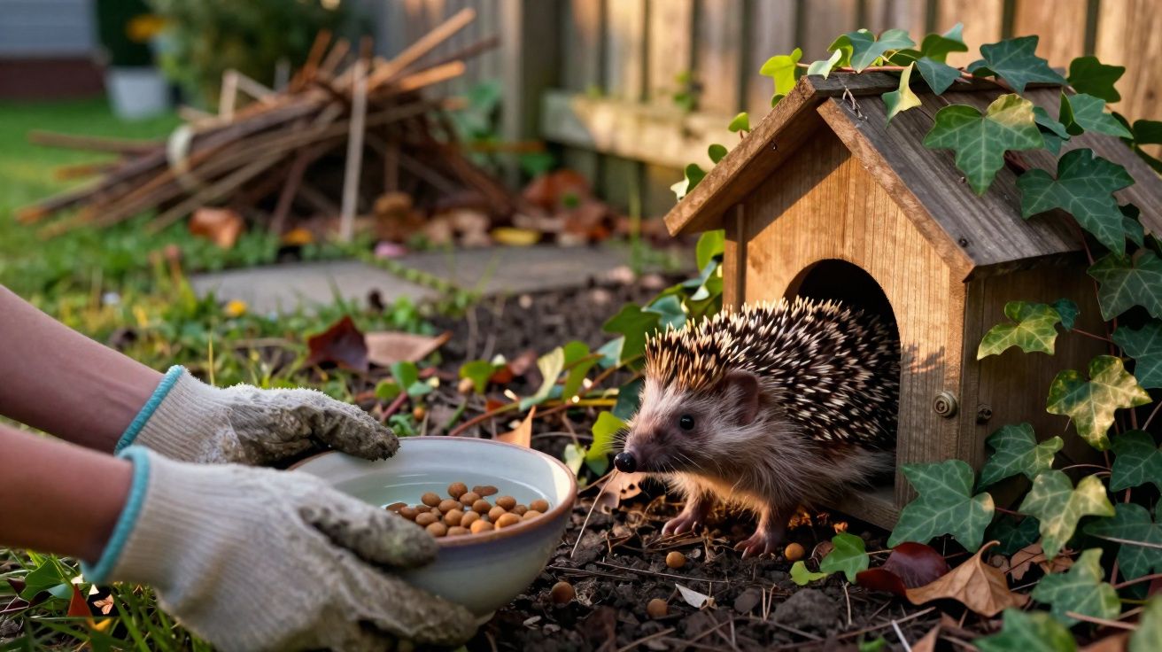 Ouriço a sair de uma casota rodeada de hera, com mãos de luvas a oferecer comida numa taça.