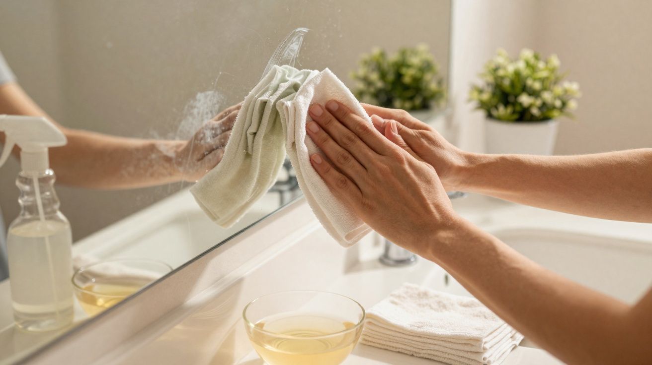 Pessoa a limpar um espelho de casa de banho com um pano branco, spray de limpeza e toalhas junto a uma pia.