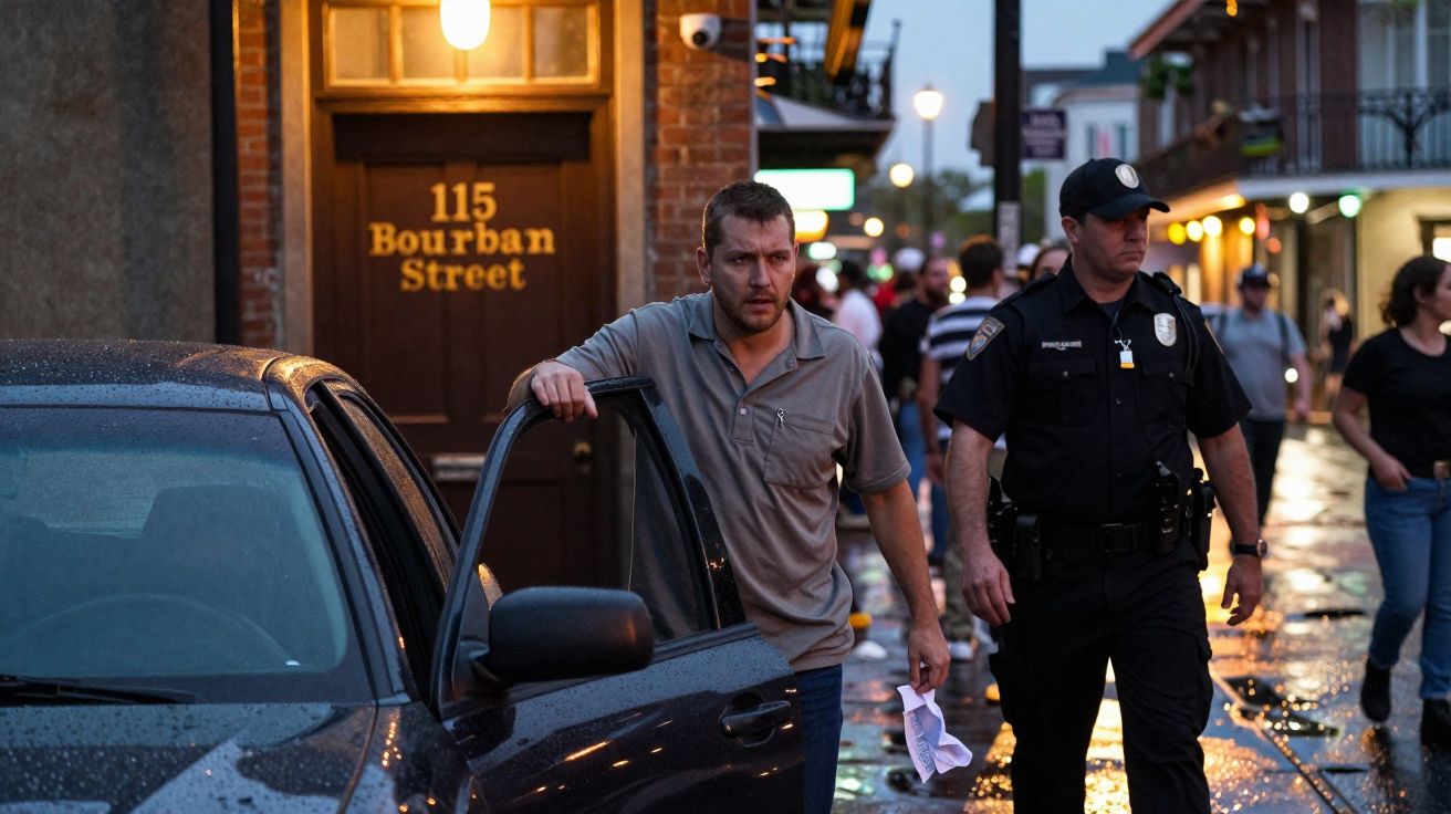 Homem sai de carro enquanto polícia patrulha rua Bourbon à noite com mais pessoas ao fundo.