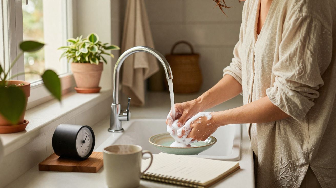 Pessoa a lavar as mãos com sabão numa cozinha luminosa com plantas, caneca e agenda na bancada.