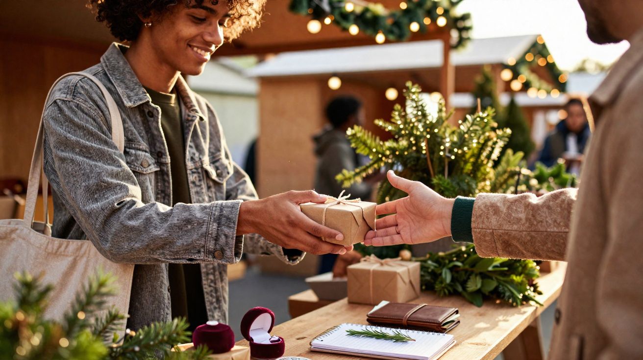 Jovem a receber presente embrulhado em papel castanho num mercado ao ar livre decorado com guirlandas.