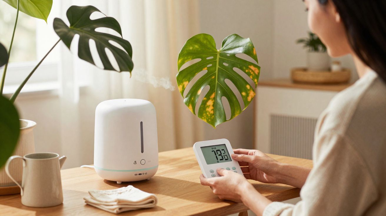 Mulher usa um humidificador branco sobre uma mesa de madeira clara com plantas e tecnologia doméstica.