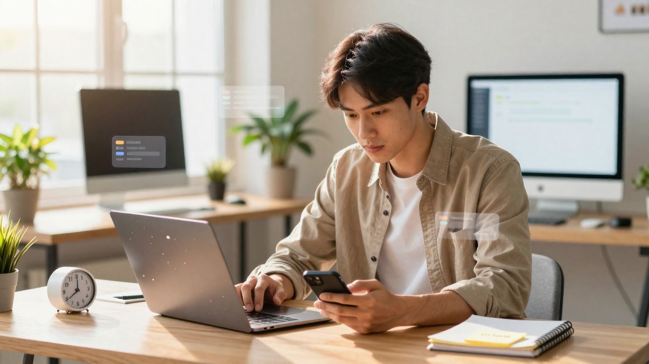 Jovem sentado numa mesa a trabalhar no portátil e a usar o telemóvel, com escritório luminoso ao fundo.