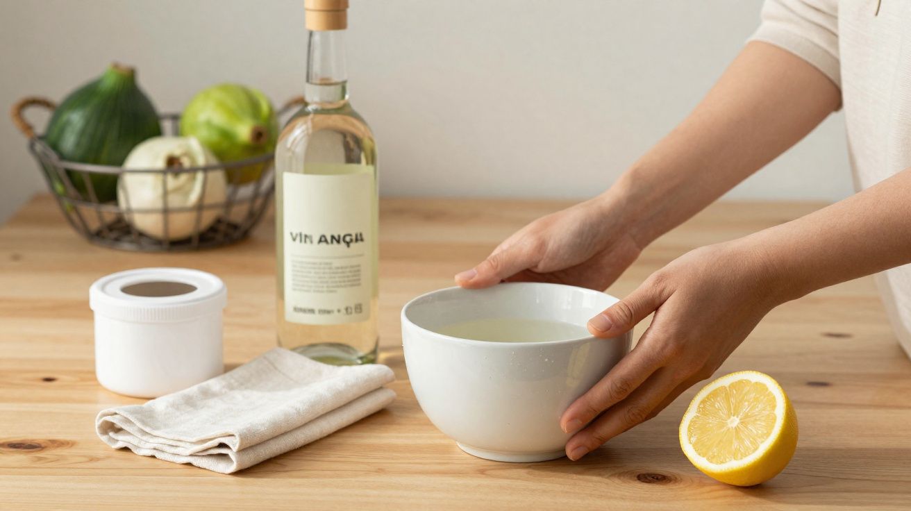 Mãos seguram tigela branca com líquido, ao lado de limão cortado, garrafa, frasco e legumes numa bancada de madeira.