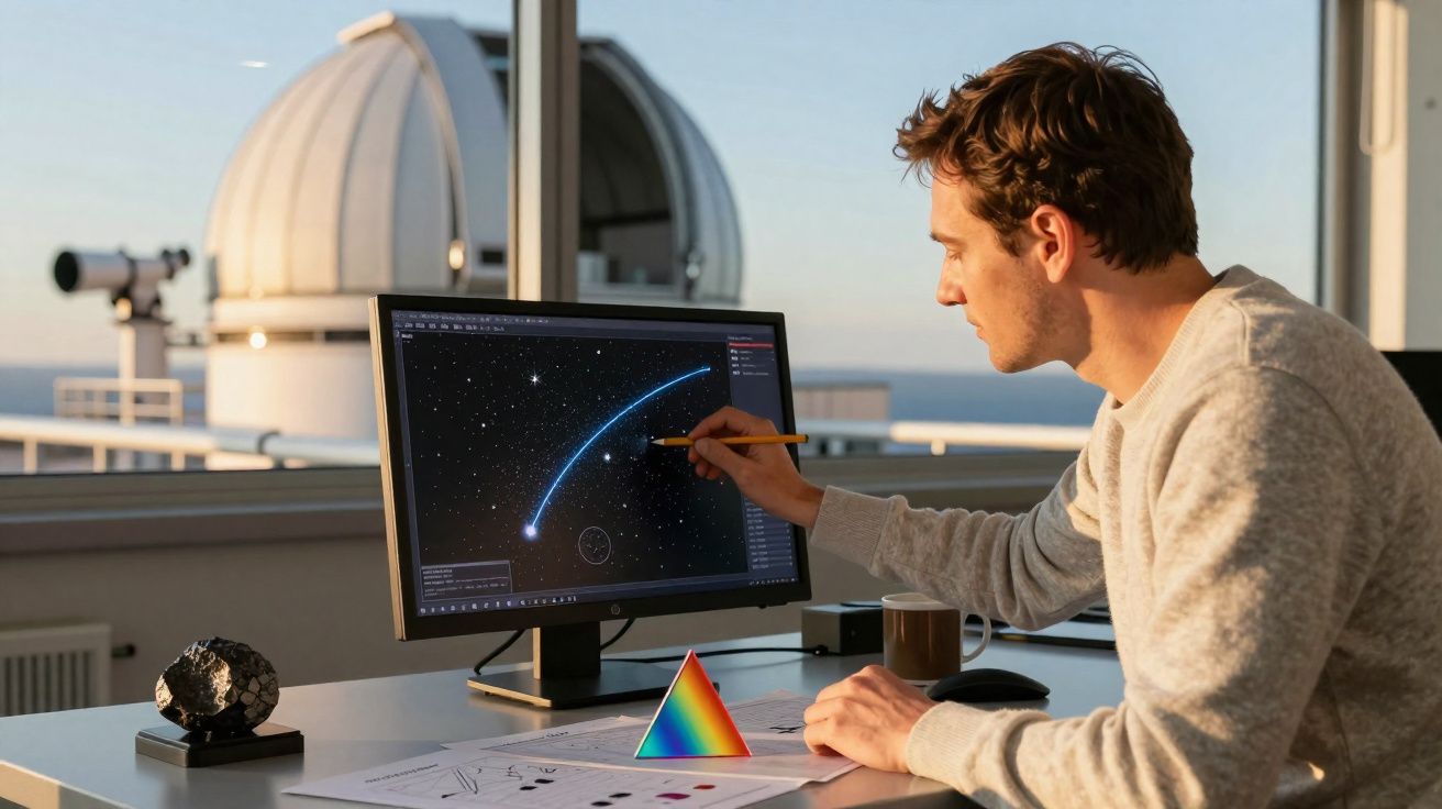 Homem a analisar trajectória de estrelas num ecrã num observatório astronómico.