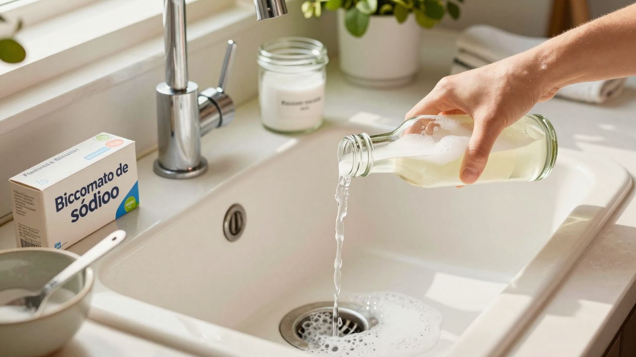 Pessoa a verter líquido branco num lava-loiça com caixa de bicarbonato de sódio ao lado.