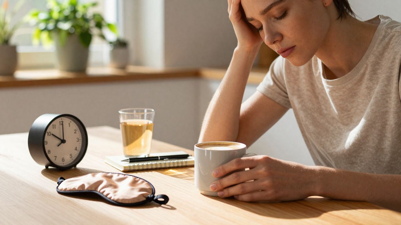 Mulher cansada segurando uma chávena, relógio, máscara de dormir e bloco de notas sobre mesa iluminada.