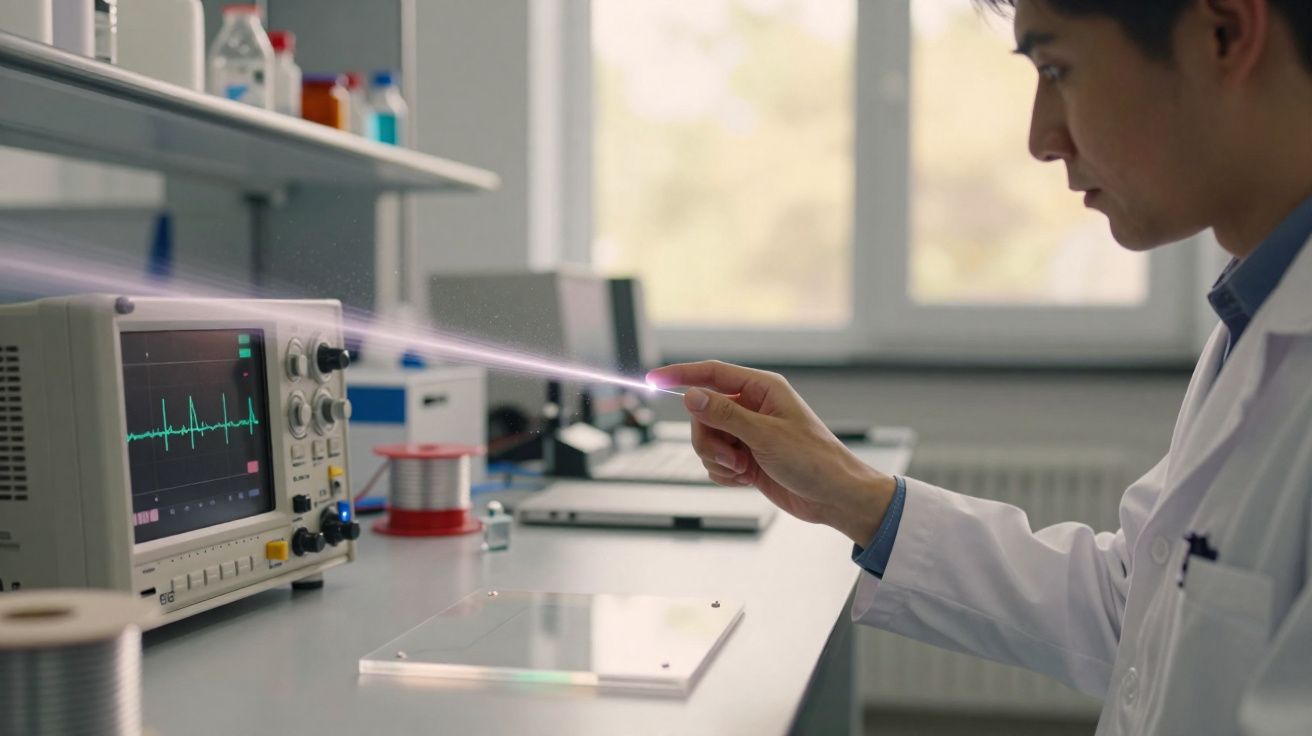 Homem de bata branca usando tecnologia futurista com interface de ondas num laboratório moderno.