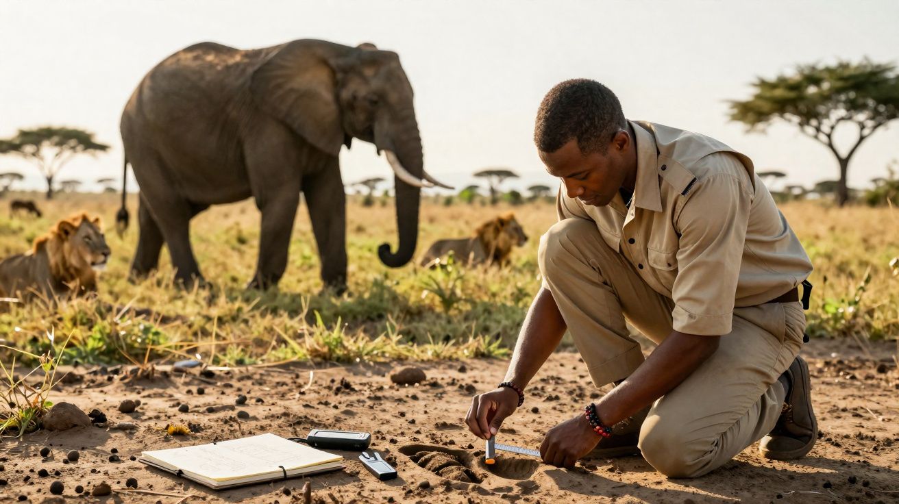 Homem de uniforme analisa pegadas no solo com elefante e leões ao fundo numa savana.