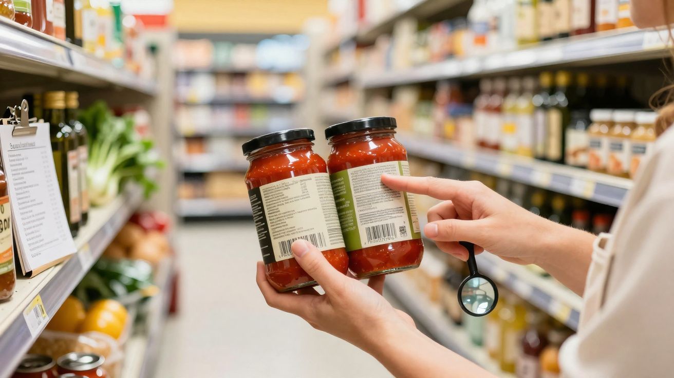 Pessoa compara os ingredientes de dois frascos de molho de tomate num supermercado.