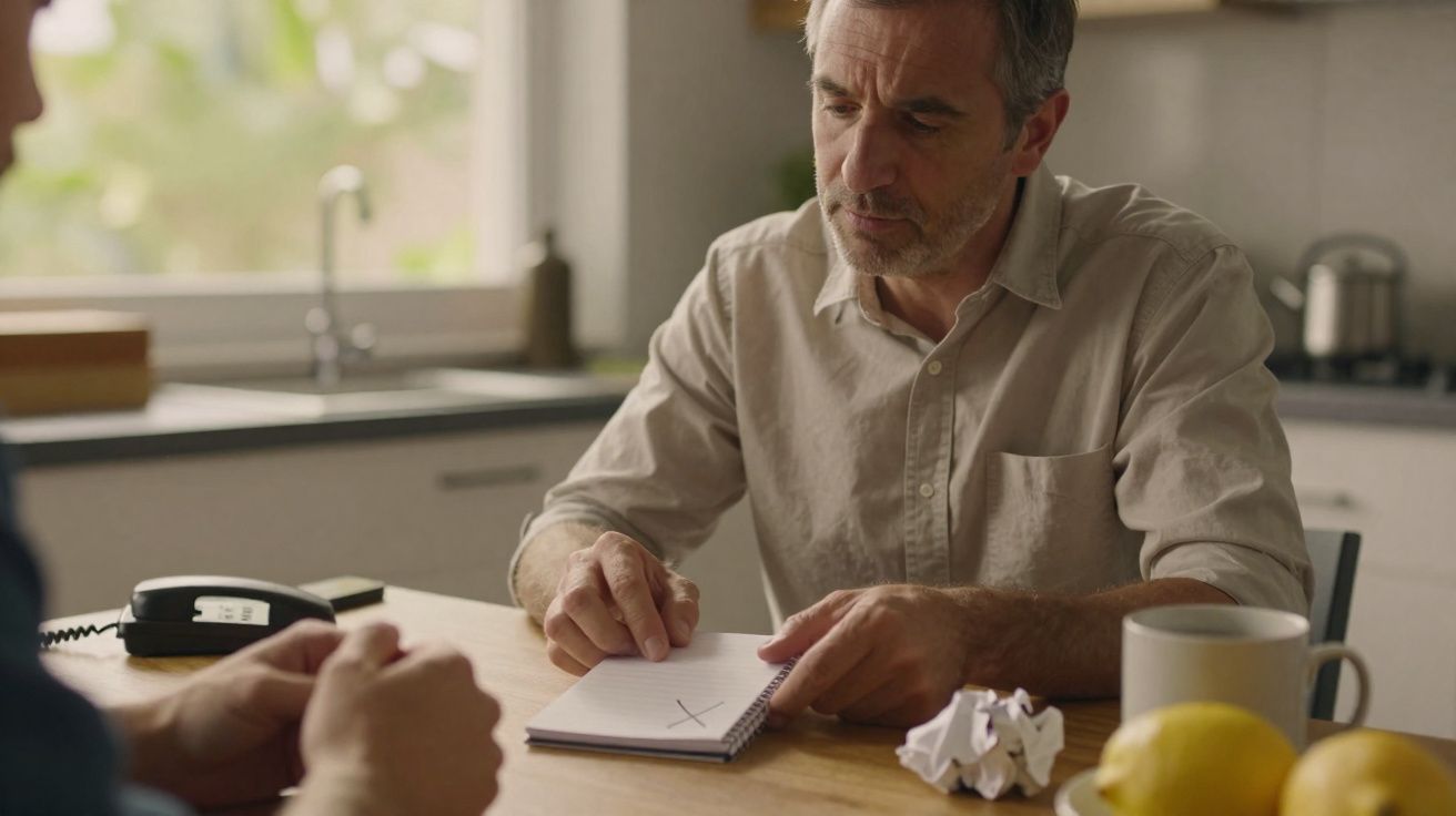 Homem sentado à mesa mostra um bloco de notas com um xis desenhado durante conversa na cozinha.
