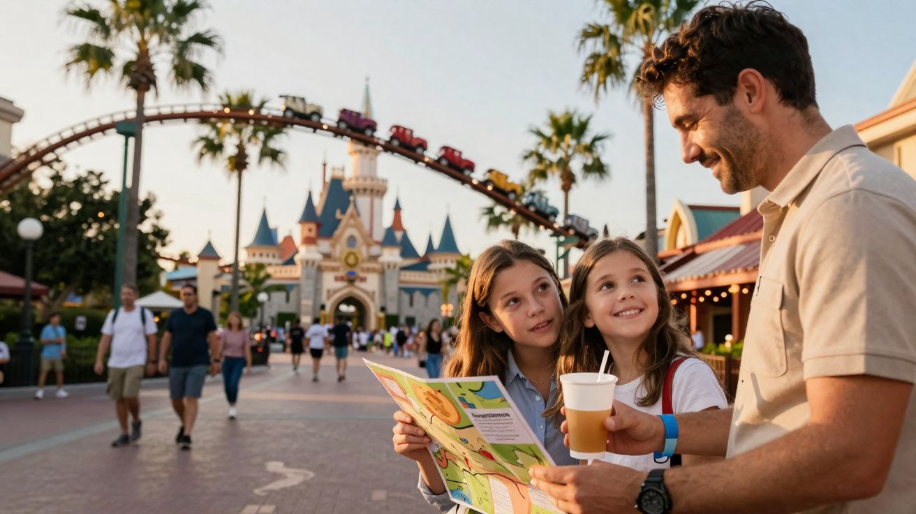 Pai com duas filhas pequenas no parque temático, consultando um mapa, com castelo e montanha-russa ao fundo.
