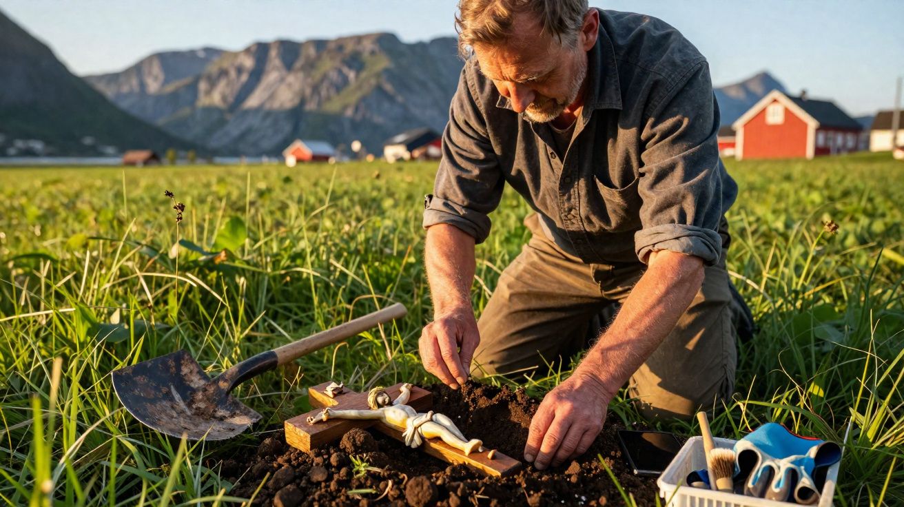Homem ajoelhado a plantar cruz de madeira com figura de Cristo em campo verde com montanhas e casas ao fundo.
