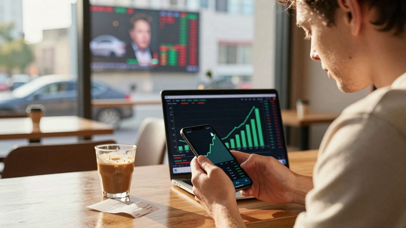 Homem a acompanhar gráficos de ações em smartphone e portátil enquanto bebe café num café.