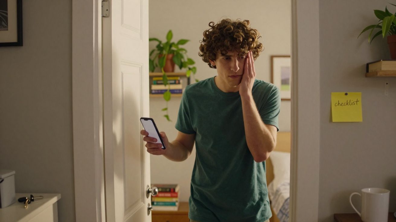 Jovem preocupado com expressão de ansiedade em pé à porta de um quarto, segurando telemóvel numa mão.