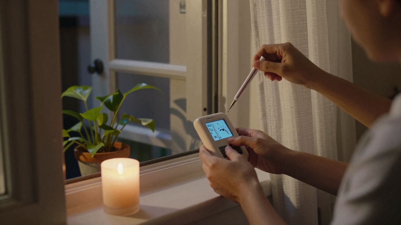 Pessoa a ajustar termómetro digital num ambiente tranquilo junto a uma vela acesa e planta junto à janela.