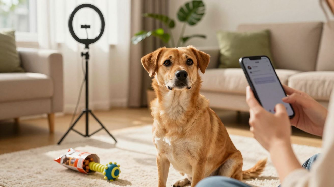 Cão castanho sentado na sala de estar com brinquedo no chão e pessoa a usar telemóvel ao lado.