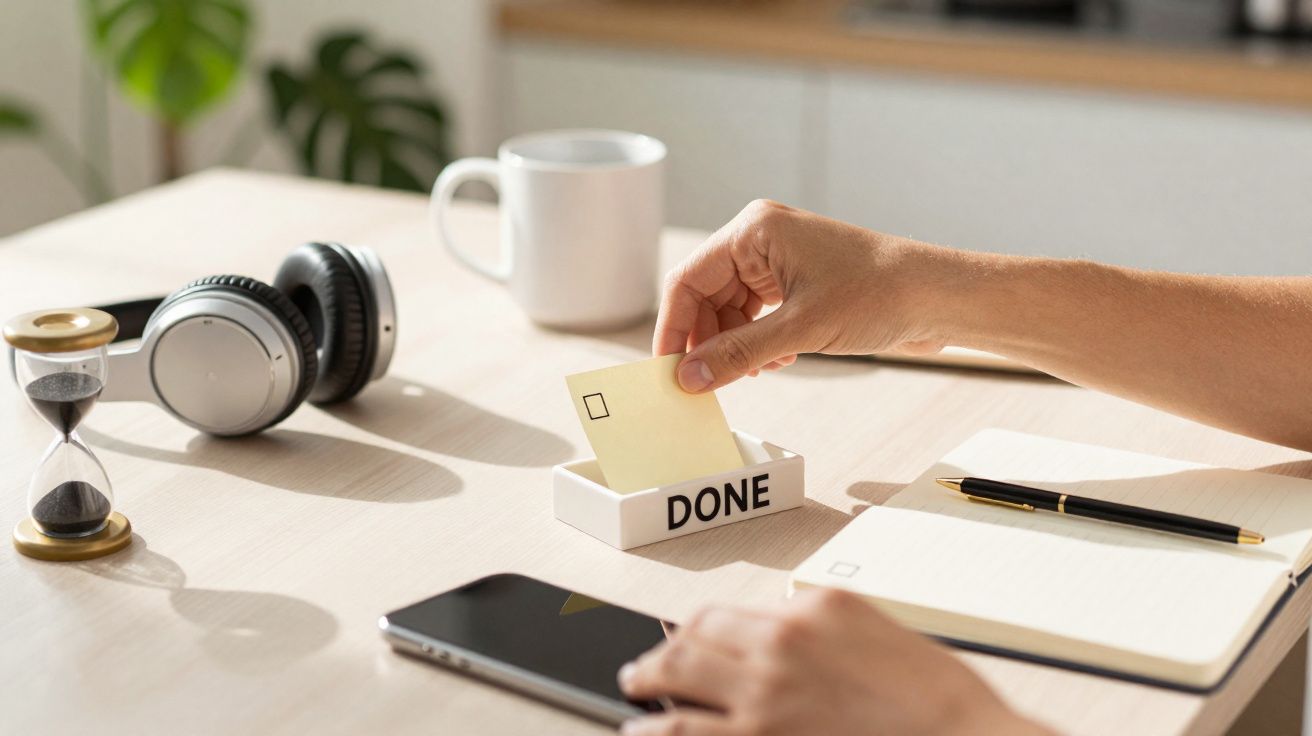 Mão a depositar nota numa caixa com a palavra DONE, com relógio de areia, auscultadores, caneca, telemóvel e caderno numa mes