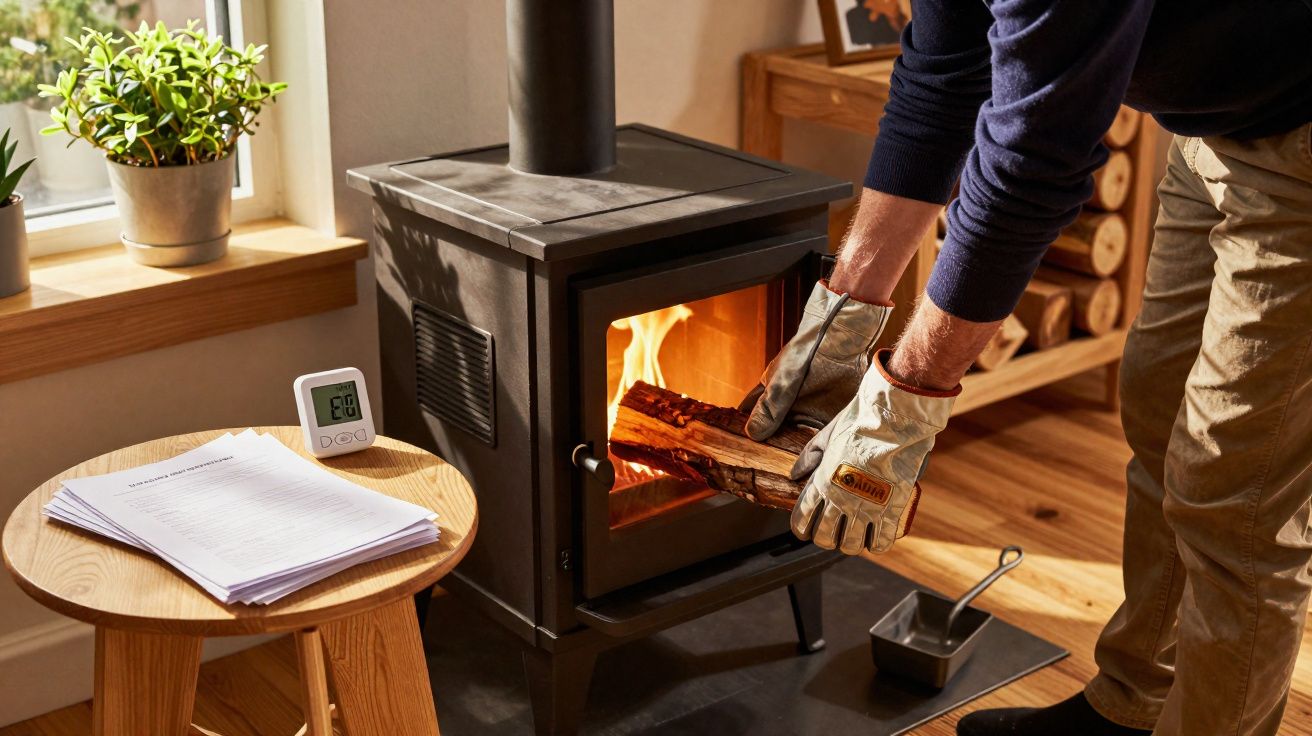 Pessoa a colocar tronco de madeira numa salamandra a lenha numa sala com luz natural.