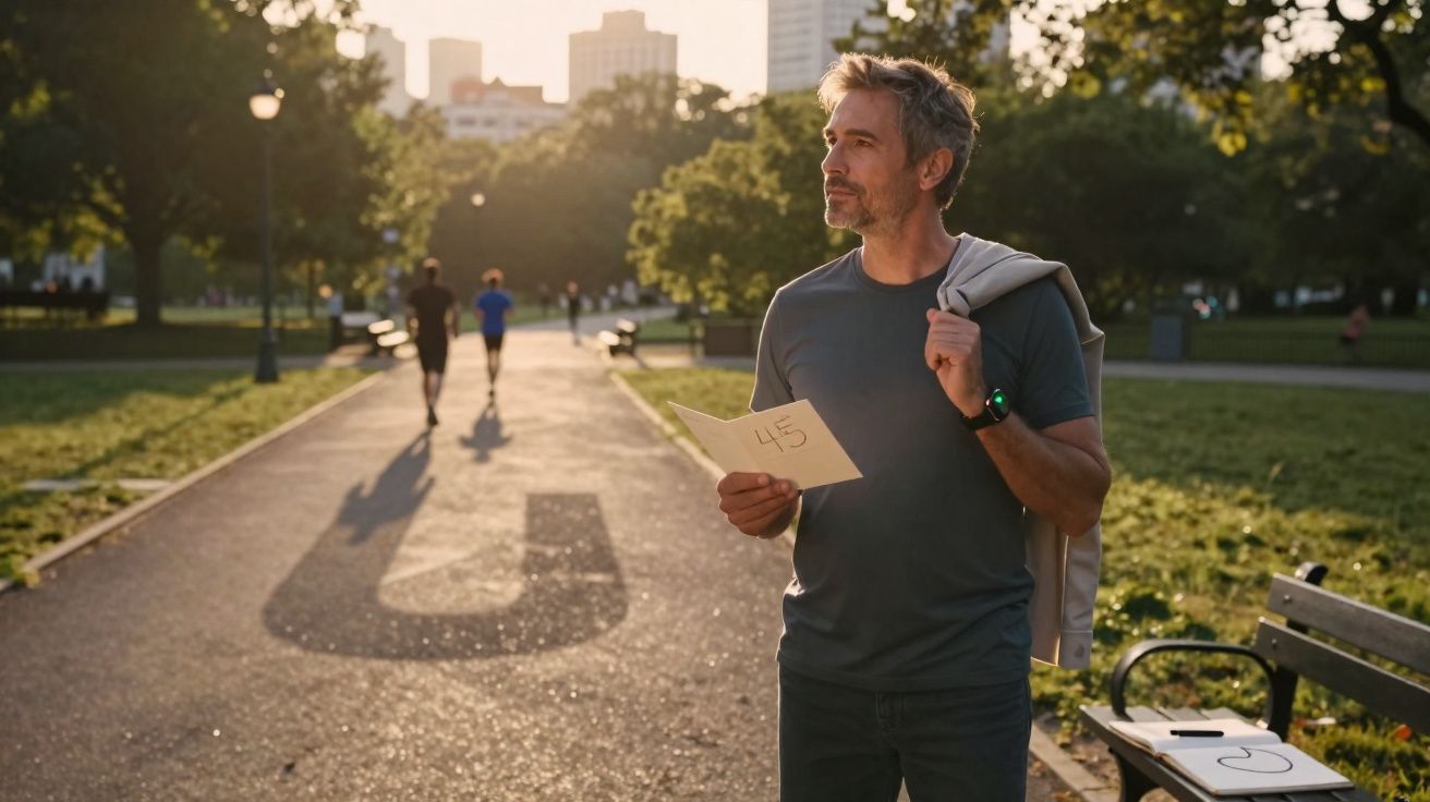 Homem de meia-idade segurando papel com número 45 em parque ao pôr do sol, com corredores ao fundo.