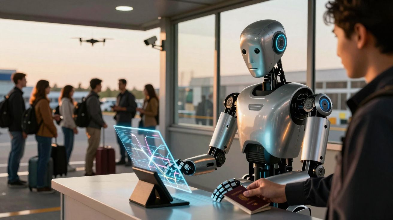 Robô futurista a interagir com passageiro num balcão de controlo de passaportes num aeroporto.