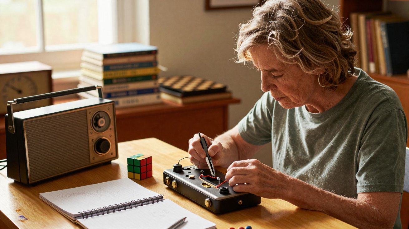 Pessoa idosa a resolver um puzzle de circuito elétrico numa mesa com rádio, cubo mágico e bloco de notas.