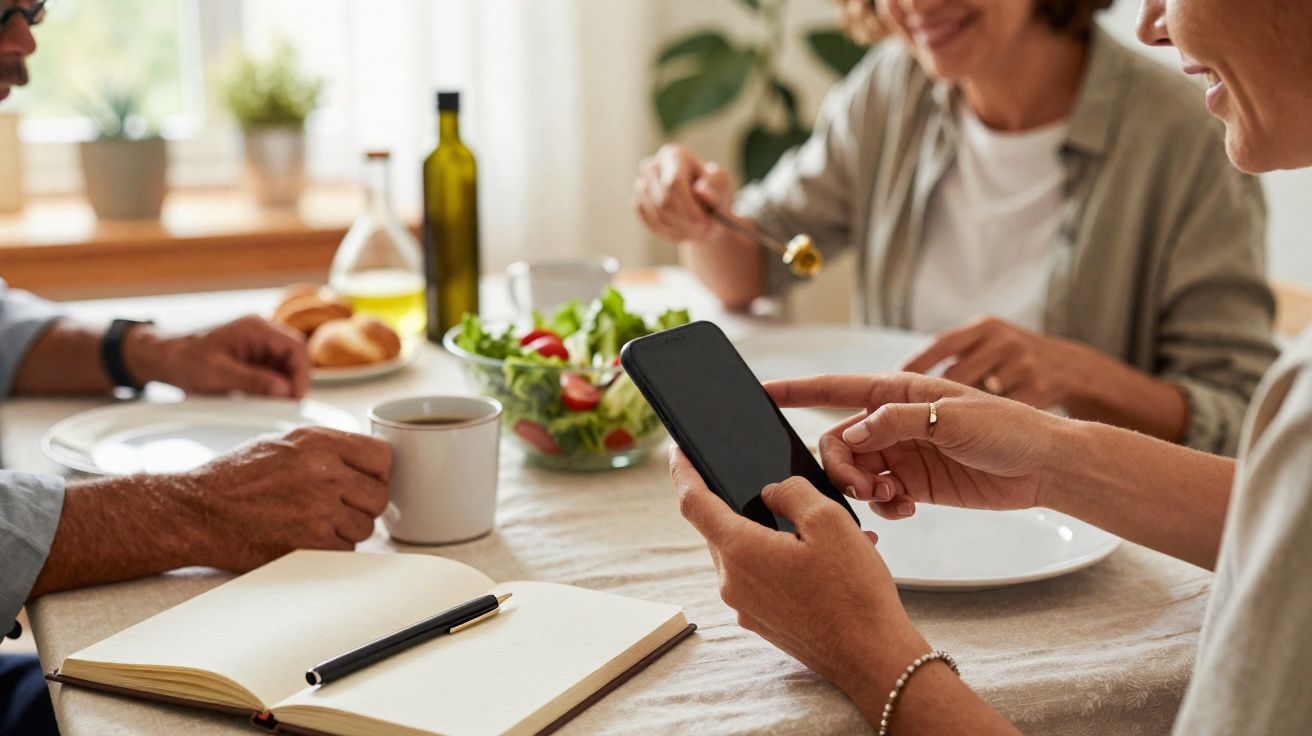 Pessoas reunidas à mesa a partilhar uma refeição e a usar smartphone e caderno.