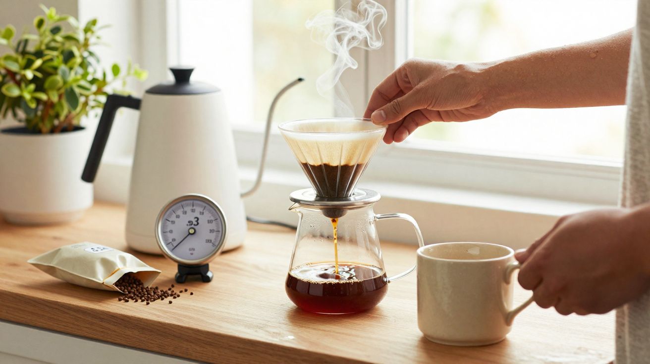 Pessoa a preparar café coado com cafeteira de vidro, usando filtro e dose de café, ao lado de jarra eléctrica e saco de café.