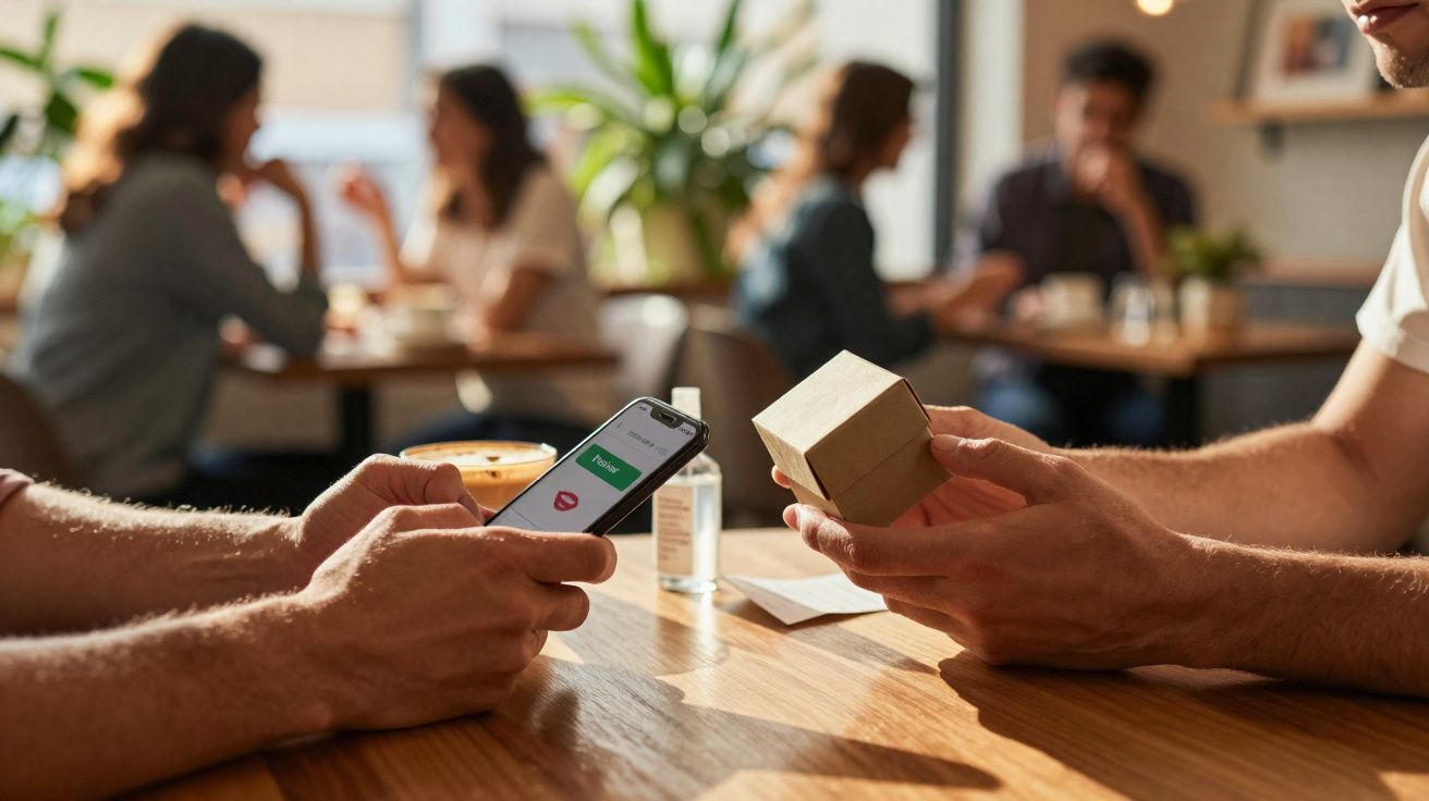Duas pessoas sentadas numa mesa, uma com telemóvel na mão e a outra a mostrar uma caixa pequena, num café.