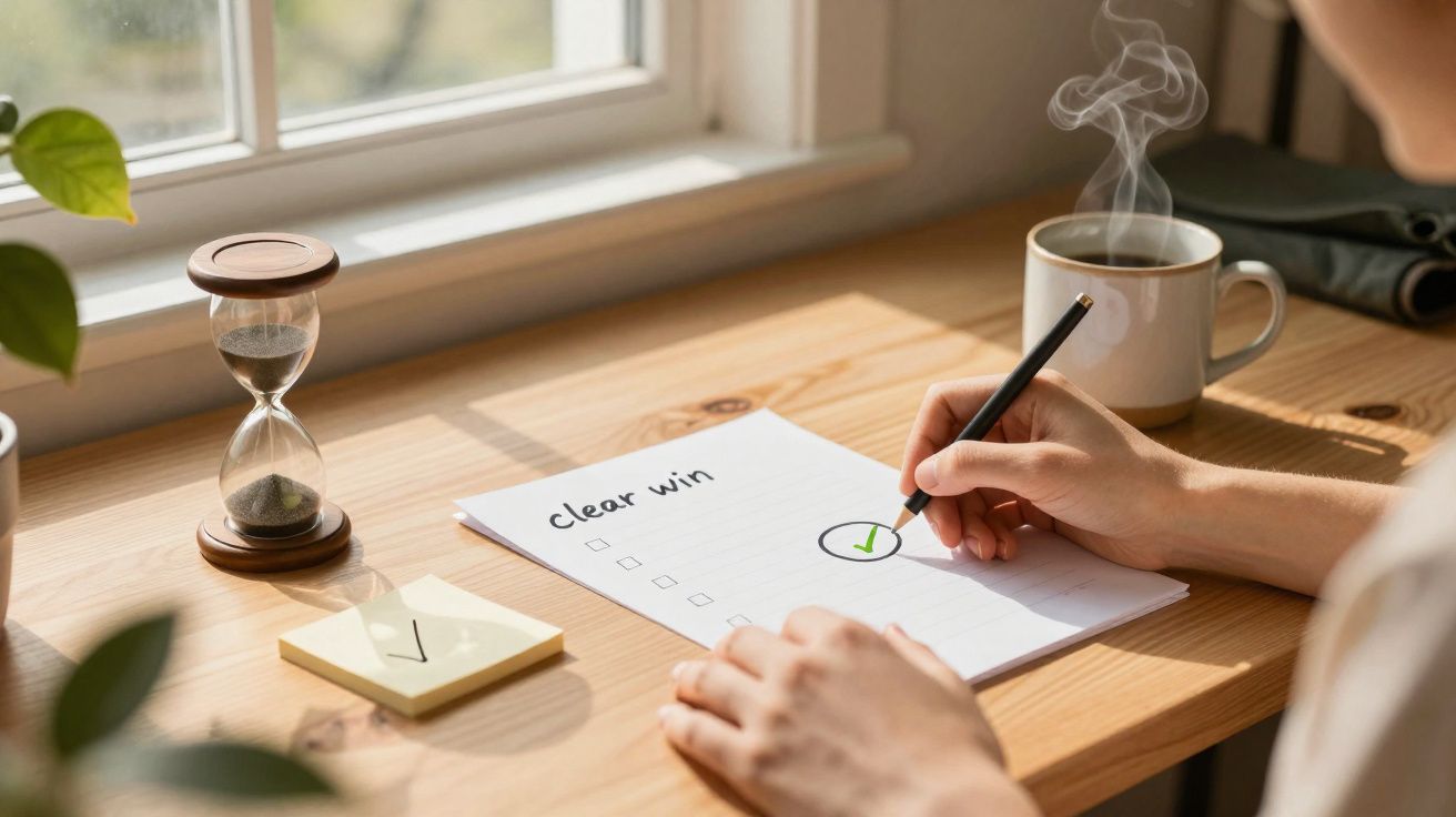 Pessoa a riscar tarefa numa lista chamada "clear win" numa mesa de madeira com relógio de areia e café a fumegar.