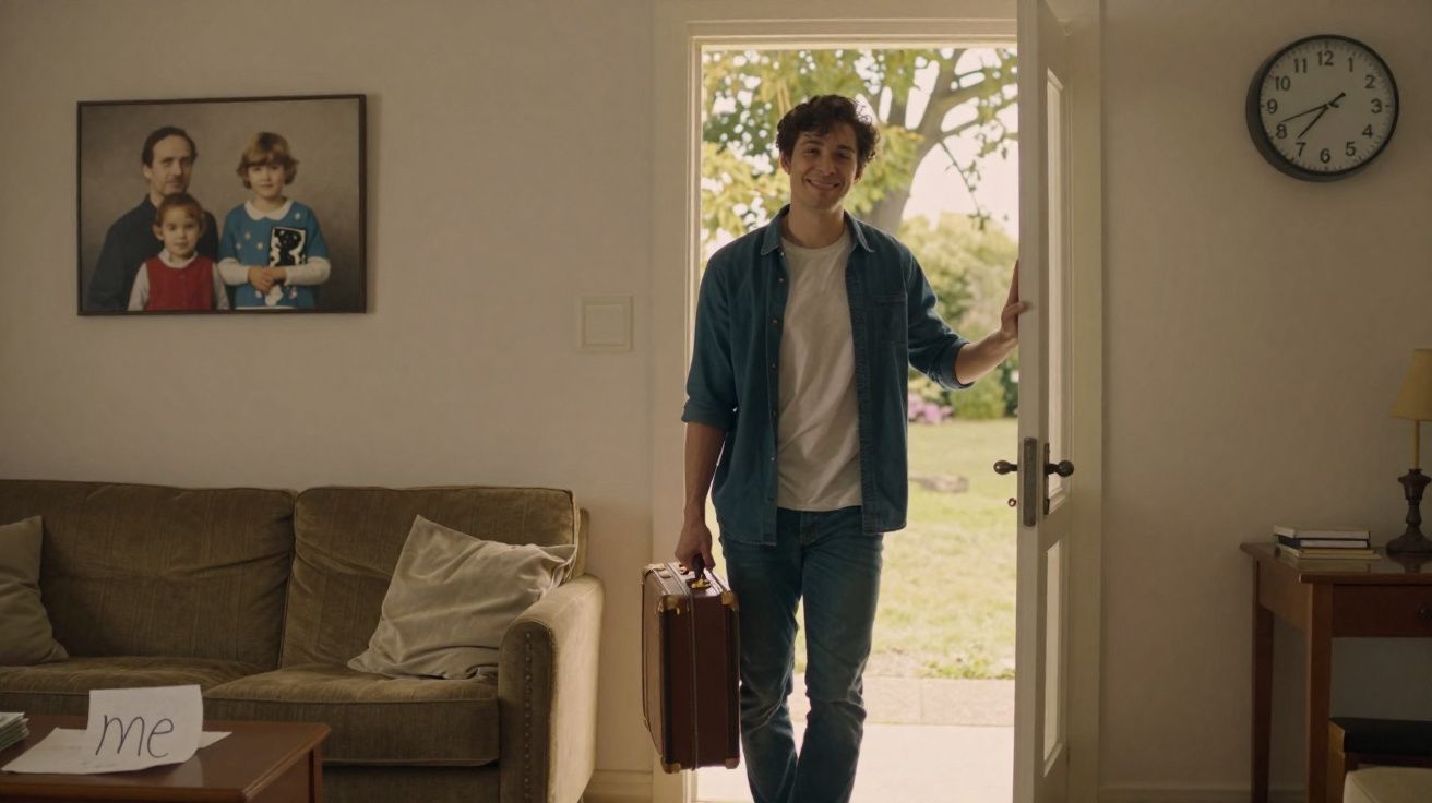 Homem sorridente entra em casa segurando uma mala, com sofá, quadro de família e relógio à parede.