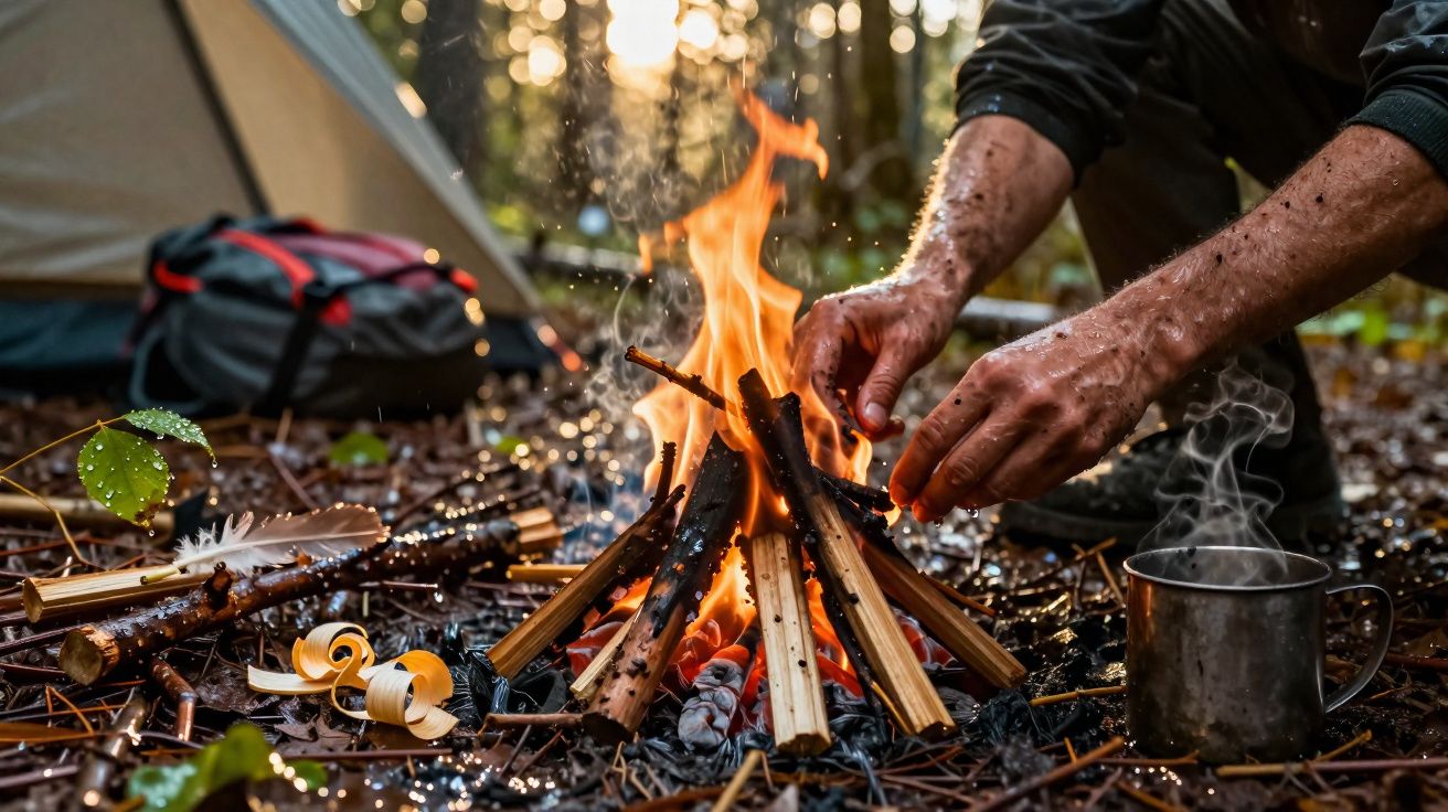 Pessoa a acender uma fogueira no chão da floresta, com caneca metálica e mochila ao fundo.