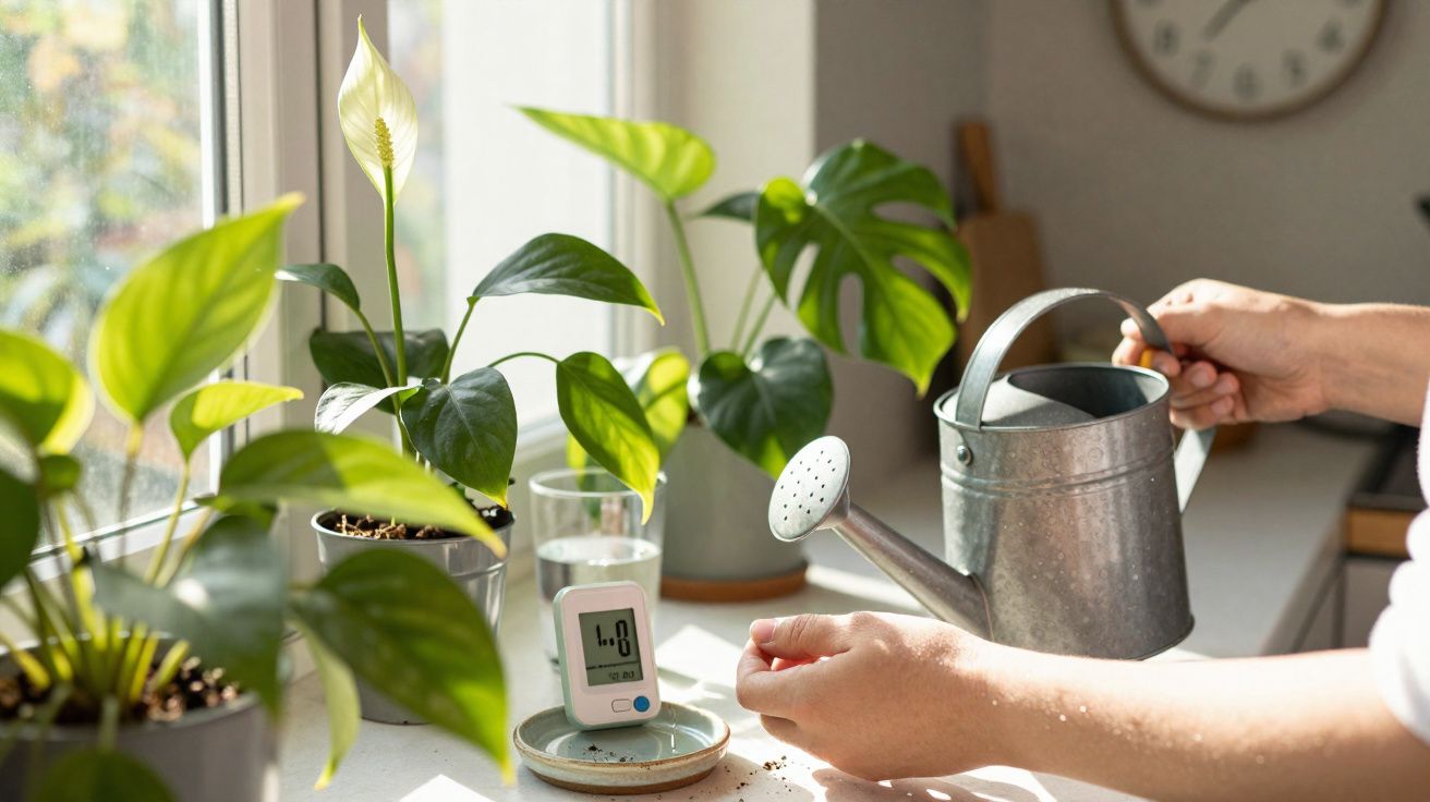 Pessoa a regar plantas em vaso perto de janela com regador metálico e medidor de humidade.
