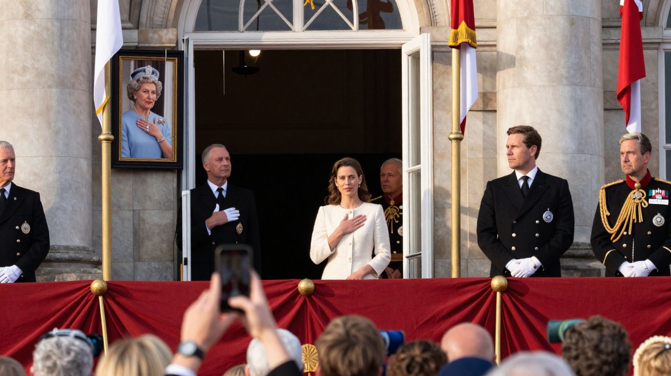 Membros da realeza e segurança no balcão do palácio, com público em frente e retrato da rainha na parede.