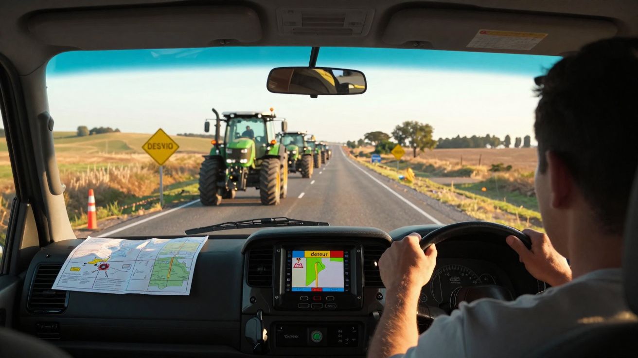 Homem a conduzir carro numa estrada com sinal de desvio e tractores à frente, vista do interior do veículo.