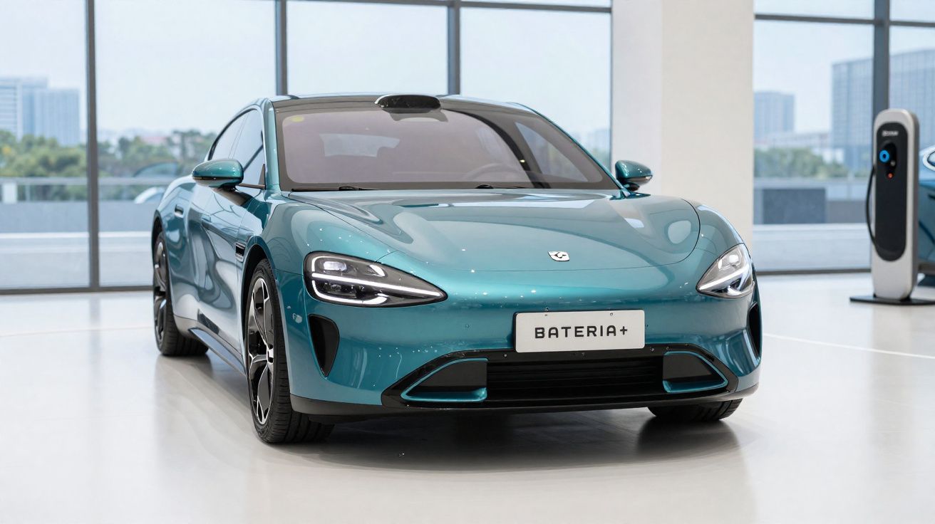 Carro elétrico desportivo azul em interior moderno com posto de carregamento ao fundo.