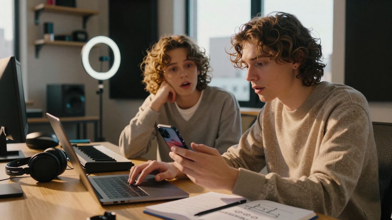 Dois jovens sentados numa mesa de trabalho com computador, teclado musical e caderno, num ambiente de estúdio.