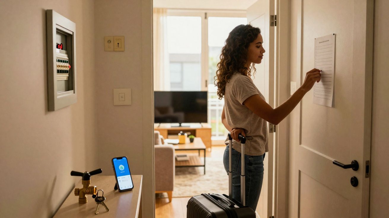Mulher com mala a assinar documento em porta de apartamento, ao lado telefone e chave com gás ligado.
