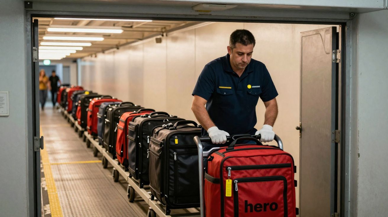 Funcionário a transportar malas vermelhas e pretas alinhadas num corredor interno com carrinho.
