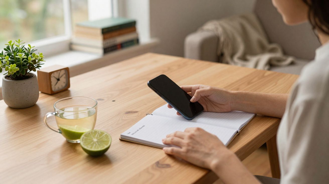 Pessoa a usar telemóvel com caderno aberto numa mesa com chá, lima, relógio e planta junto à janela iluminada.