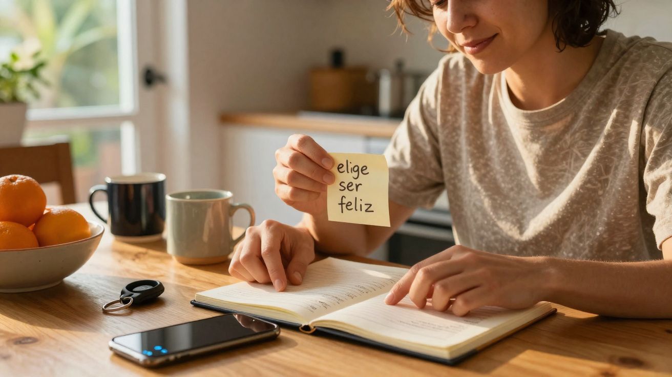 Pessoa a ler um livro na cozinha, segurando um post-it com a frase "elige ser feliz".