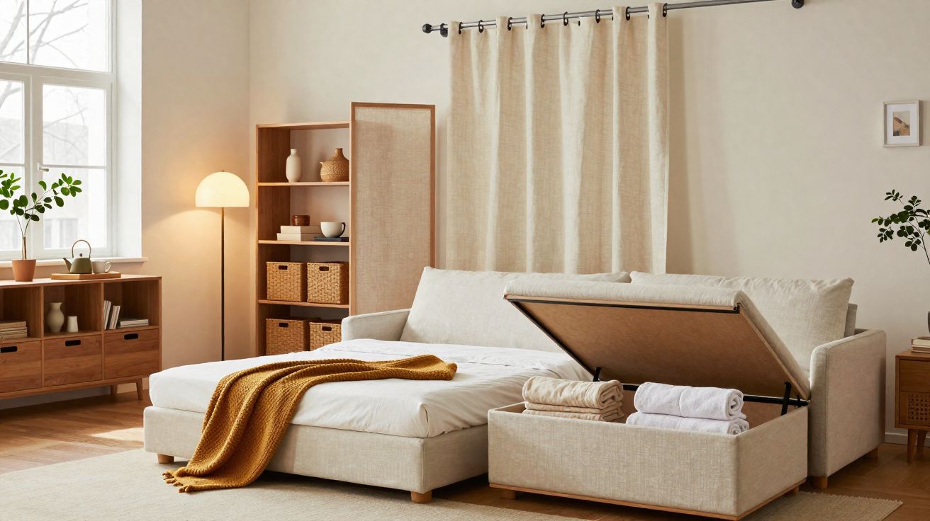 Sofá cama bege com armazenamento aberto, mantas dobradas e decoração minimalista em sala luminosa.